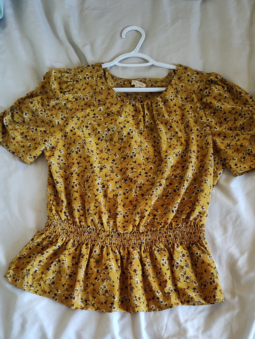 Lily White Mustard Floral Smocked Peplum Blouse